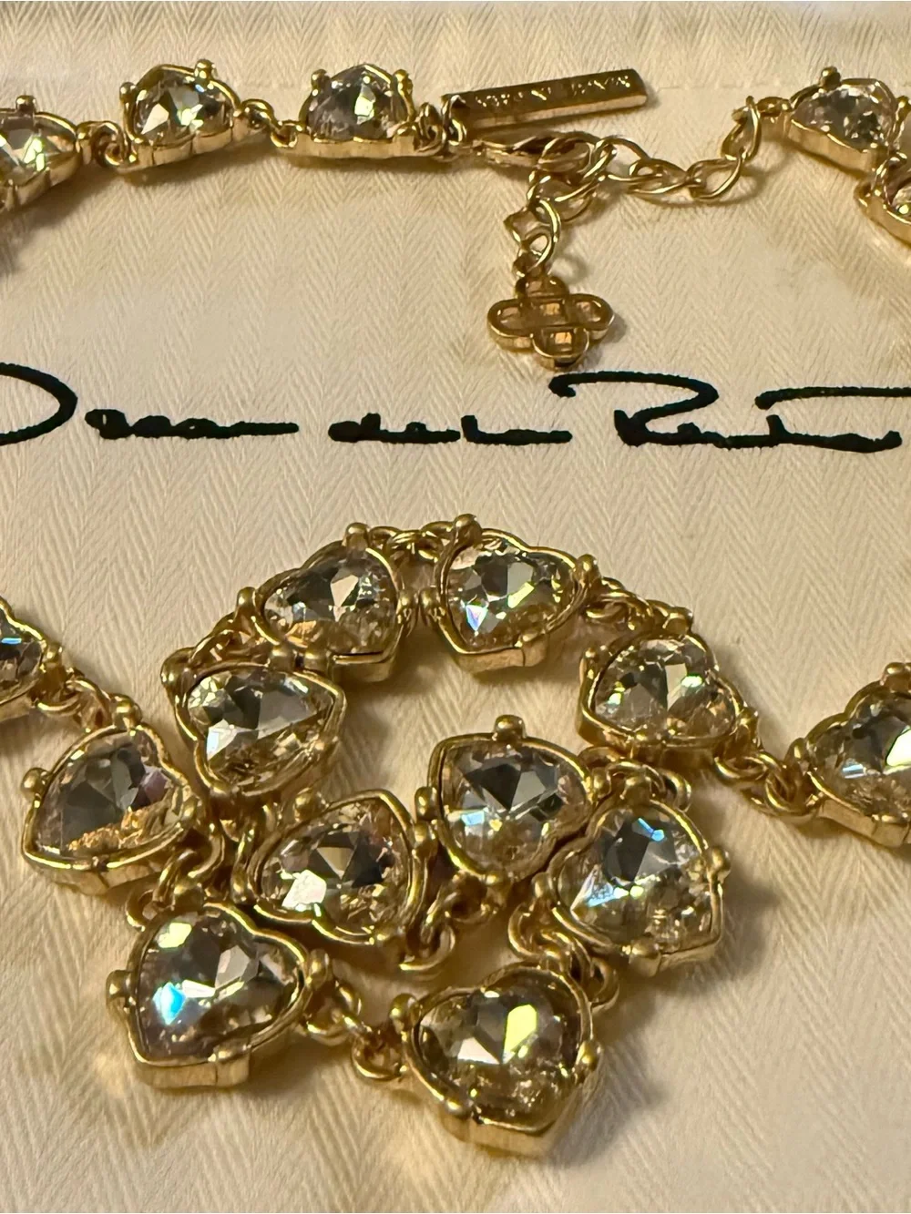 Oscar de la Renta Gold and Clear Crystal Heart Link Necklace